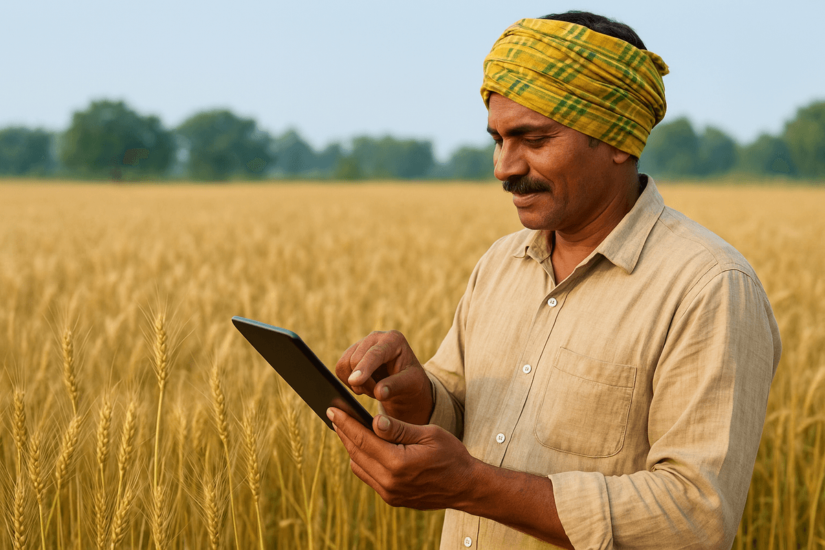 Farmer using AI-driven tools for smart agriculture – MahaAgri.AI Indian farmer using AI-driven tools for smart agriculture with MahaAgri.AI
