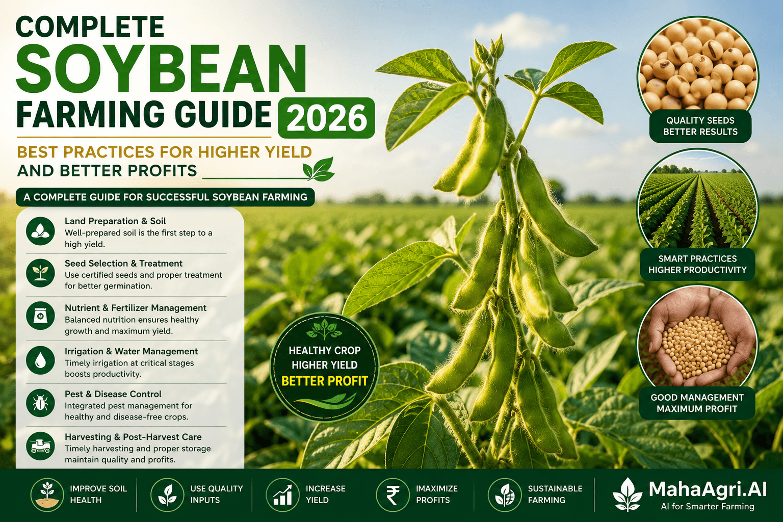 Complete Soybean Farming Guide 2026: Best Practices for Higher Yield and Better Profits Image for Complete Soybean Farming Guide 2026: Best Practices for Higher Yield and Better Profits in Crop Guide